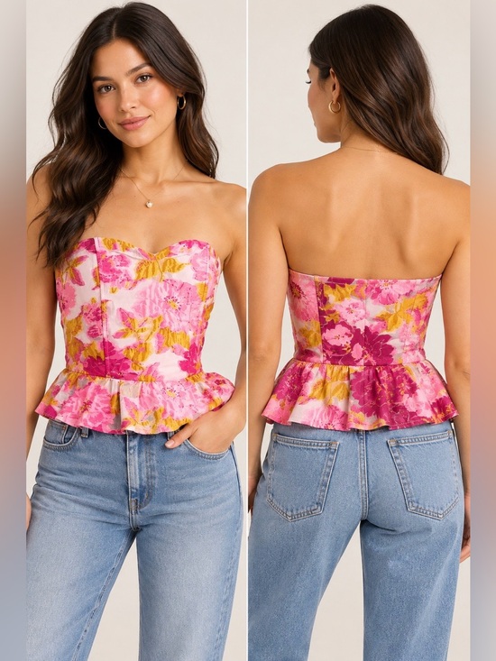 Altar'd State Tops - NWT Altar’d State Colorful Strapless Pink Floral Corset Bustier Peplum Top. Sz M